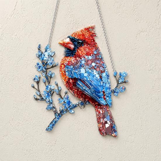 Red Bird Sun Catcher, 2D Acrylic Bird Hanging Decoration, Stained Glass Style Bluebird Suncatcher for Indoor Window Front Porch Decor