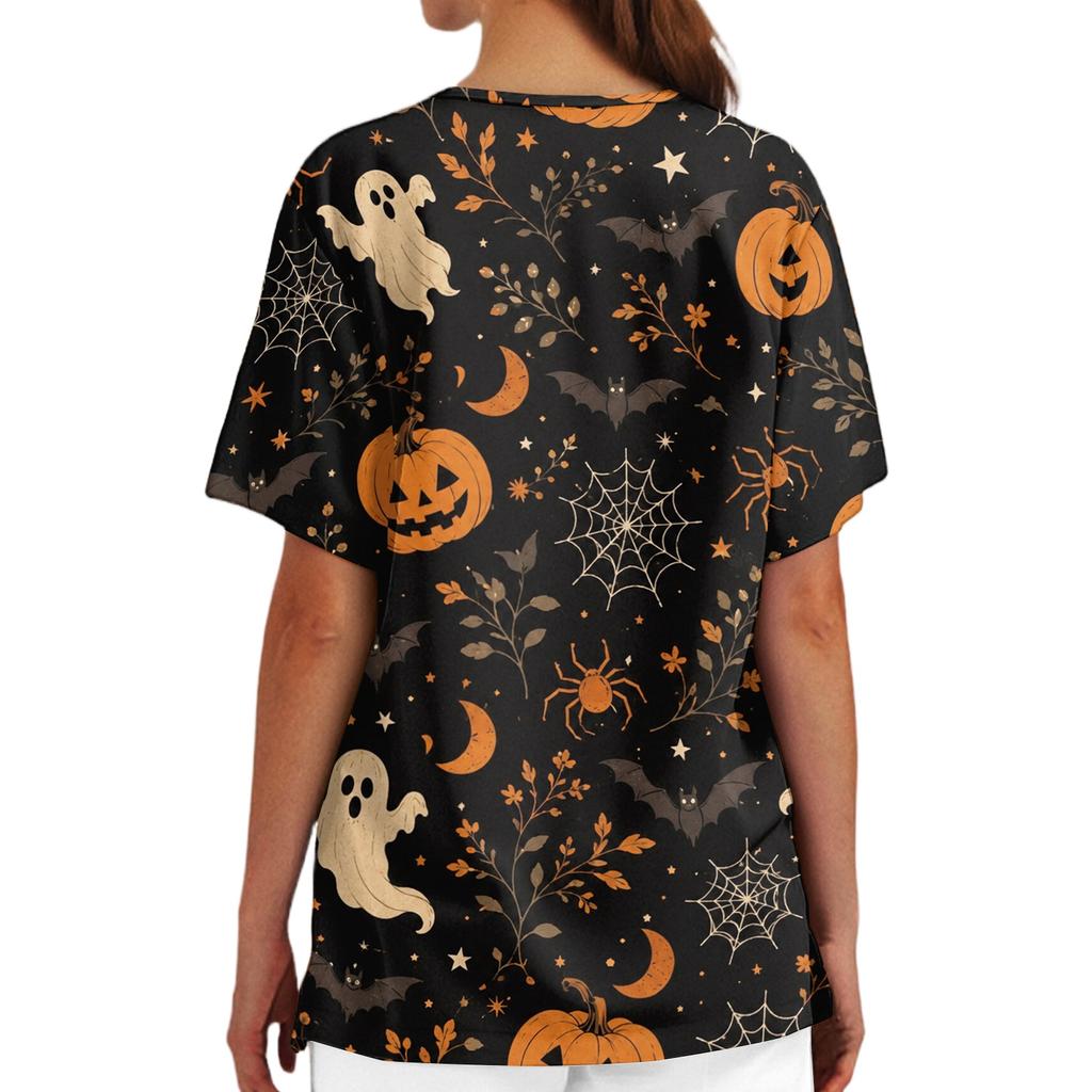 Women V Neck Printed Short Sleeve Scrub Top with Side Slits and Pockets Halloween Themed Comfortable Fit