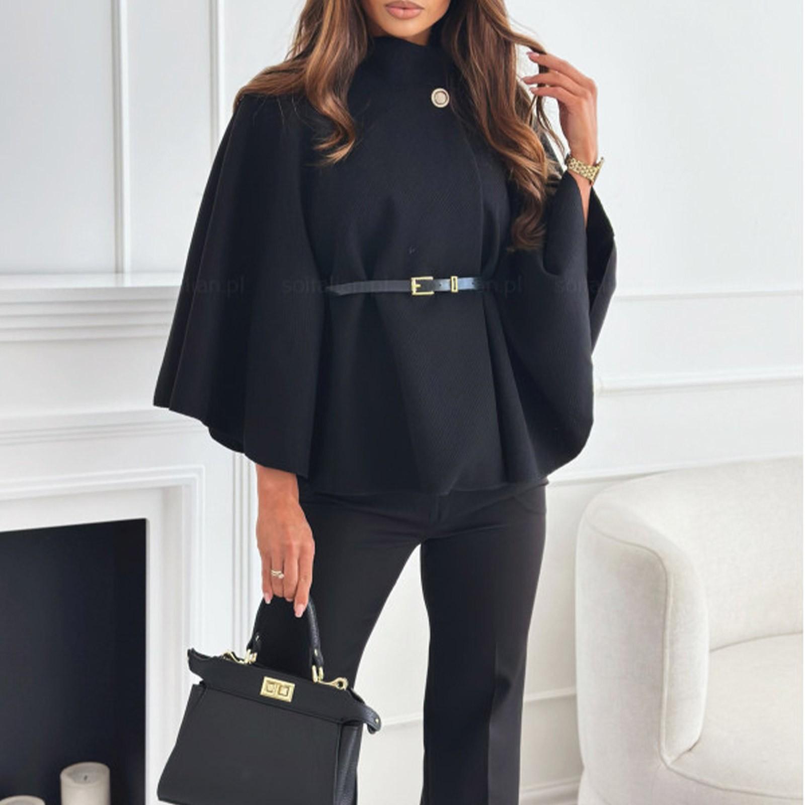 

Женское модное шерстяное пальто-накидка с завязкой на талии S чёрный