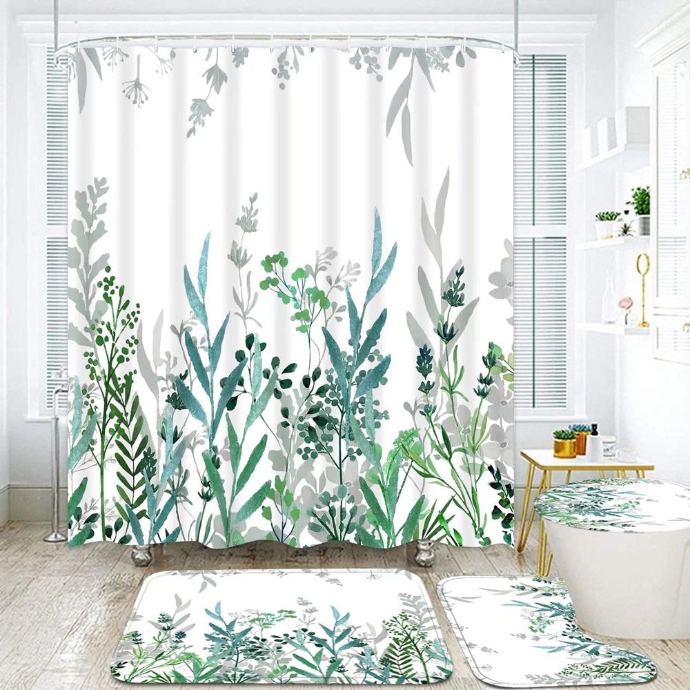 Green Leaves Shower Curtain Sets Spring Rural Plant Flower Bathroom Curtains Non-Slip Toilet Lid Cover Rug Baths Mats Home Decor