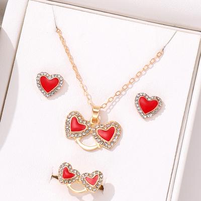 4-teiliges Set Damen Öltropfen Liebe High-End-Gefühl Diamantbesetzt Modisch Pfirsichherz Ring Ohrring Halskette Set Accessoire