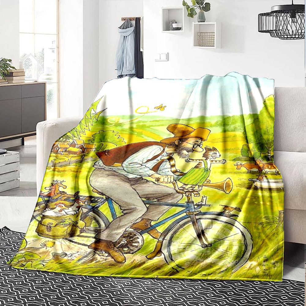 Vintage Cartoon Man Cat Bicycle Countryside Scenery Print Flannel Throw Blanket Soft Plush Blanket for Sofa Couch Bedroom Home Decor