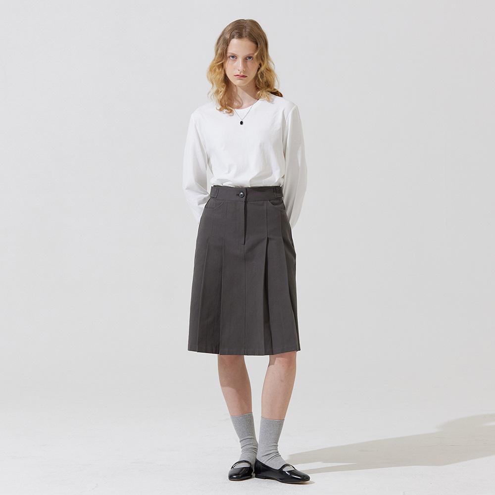 Adowl Slender Back Button Pleated Midi Skirt - Charcoal