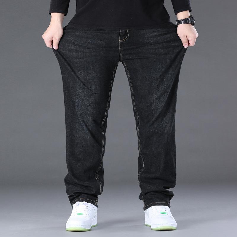 Spring/Summer Loose Fit Plus Size Straight Leg Jeans for Men Hard-Wearing Washed Wide-Leg Trousers