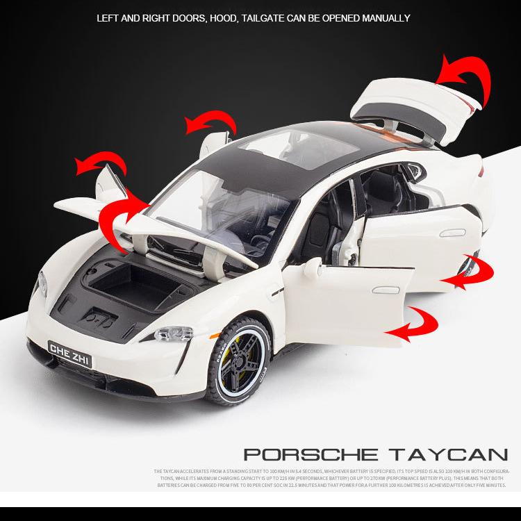 1:32 Porsche Taycan High-Simulation-Automodelle aus Metallguss, Sportwagen mit Sound und Licht, Rückziehmechanismus, Supercar-Geschenke für Kinder