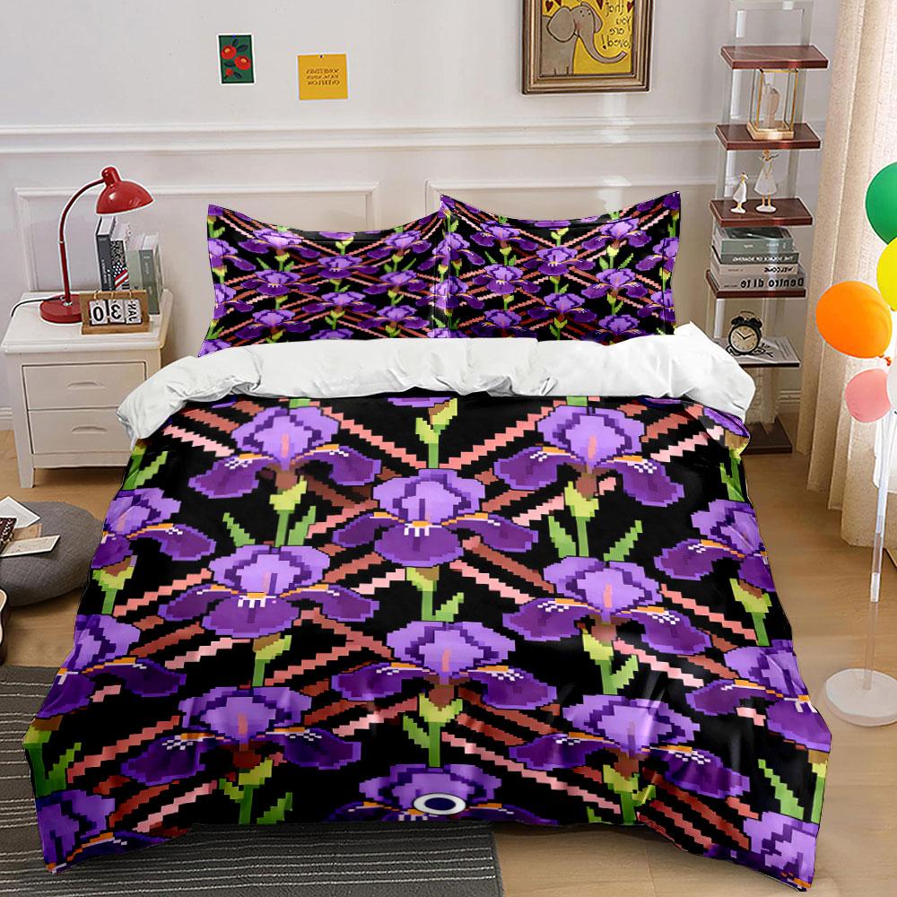 Purple irises, geometric stripes. Bedding sets Duvet cover sets Duvet covers Pillowcases(1 * Duvet Cover 2 * Pillowcases without duvet insert)