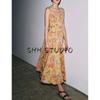 Autumn New Women's Clothing Cotton Blended round Neck A- line Decorative Layer Hem Flower Print Dress 8511050