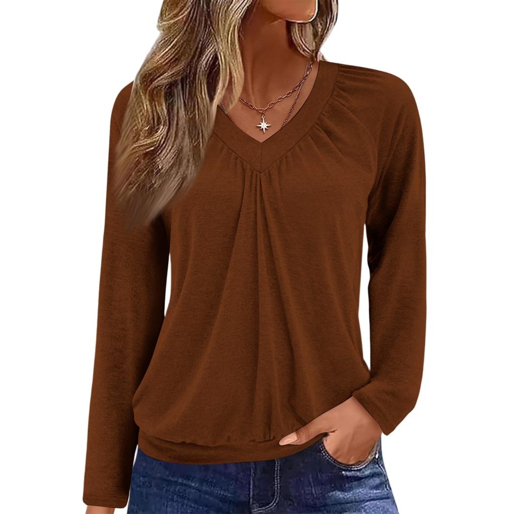 Women's Casual Fashion V-Neck Raglan Pleated Color Long Sleeve Top