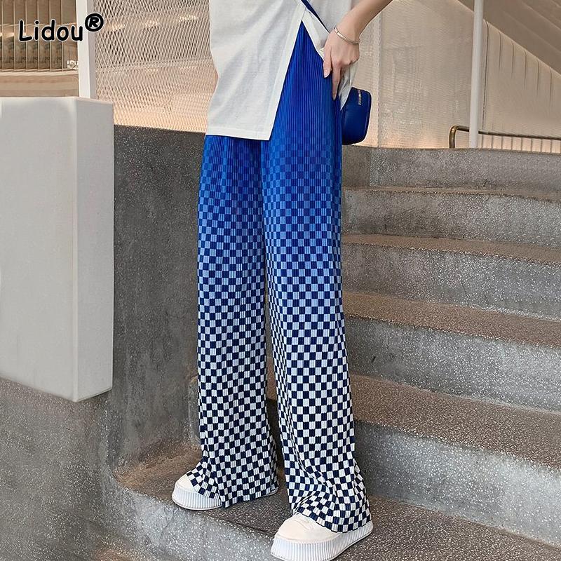 

Women s Fashion Gradient Plaid Print Loose Straight Wide Leg Pants Casual Summer Oversize Trend Hip Hop S синій