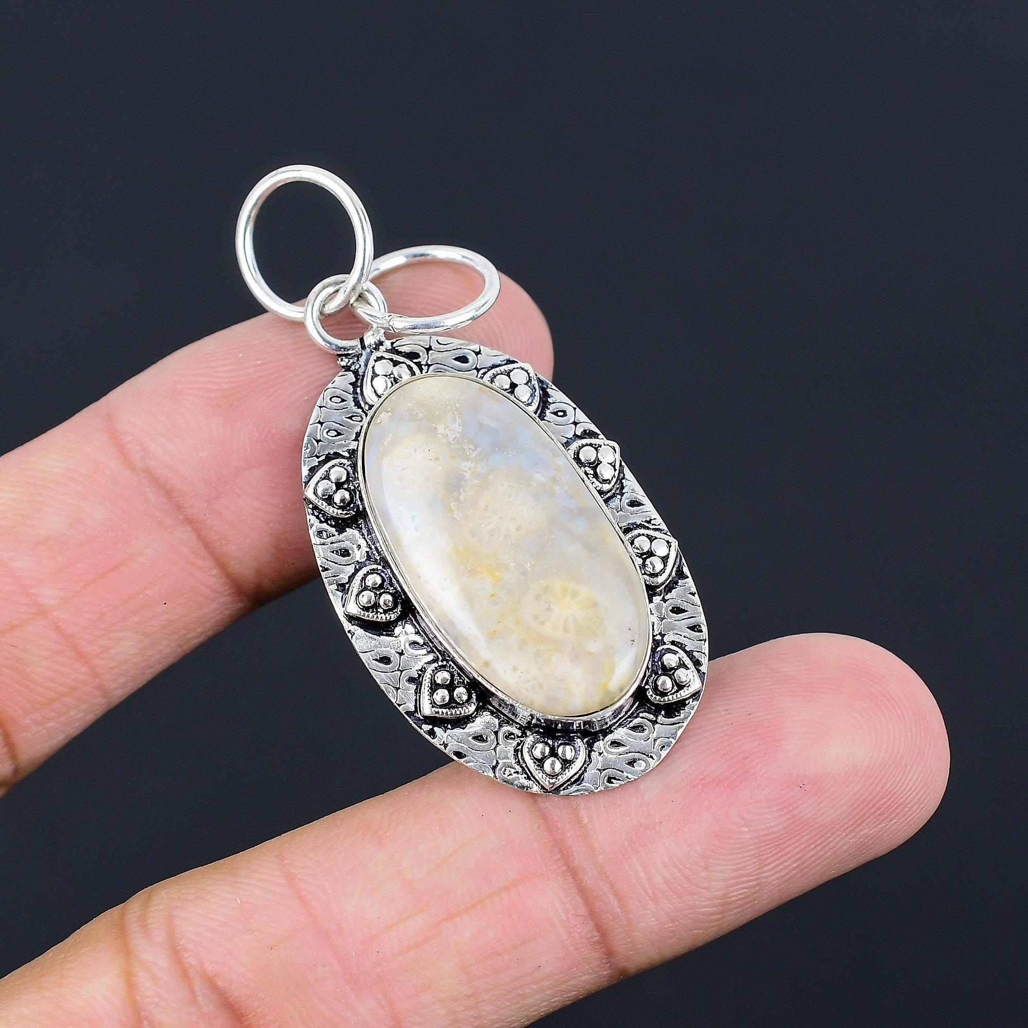 Sisters Day Sale 925 Silver Oval Fossil Coral Gemstone Bezel Wedding New Pendant