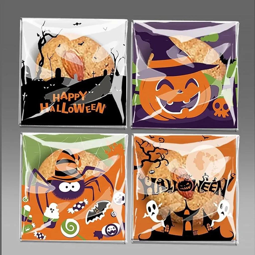 100pcs Halloween Candy Bags Pumpkin Ghost Bat Trick Or Treat Biscuit Gifts Packaging Self Sealing Bag Kids Halloween Party Decor