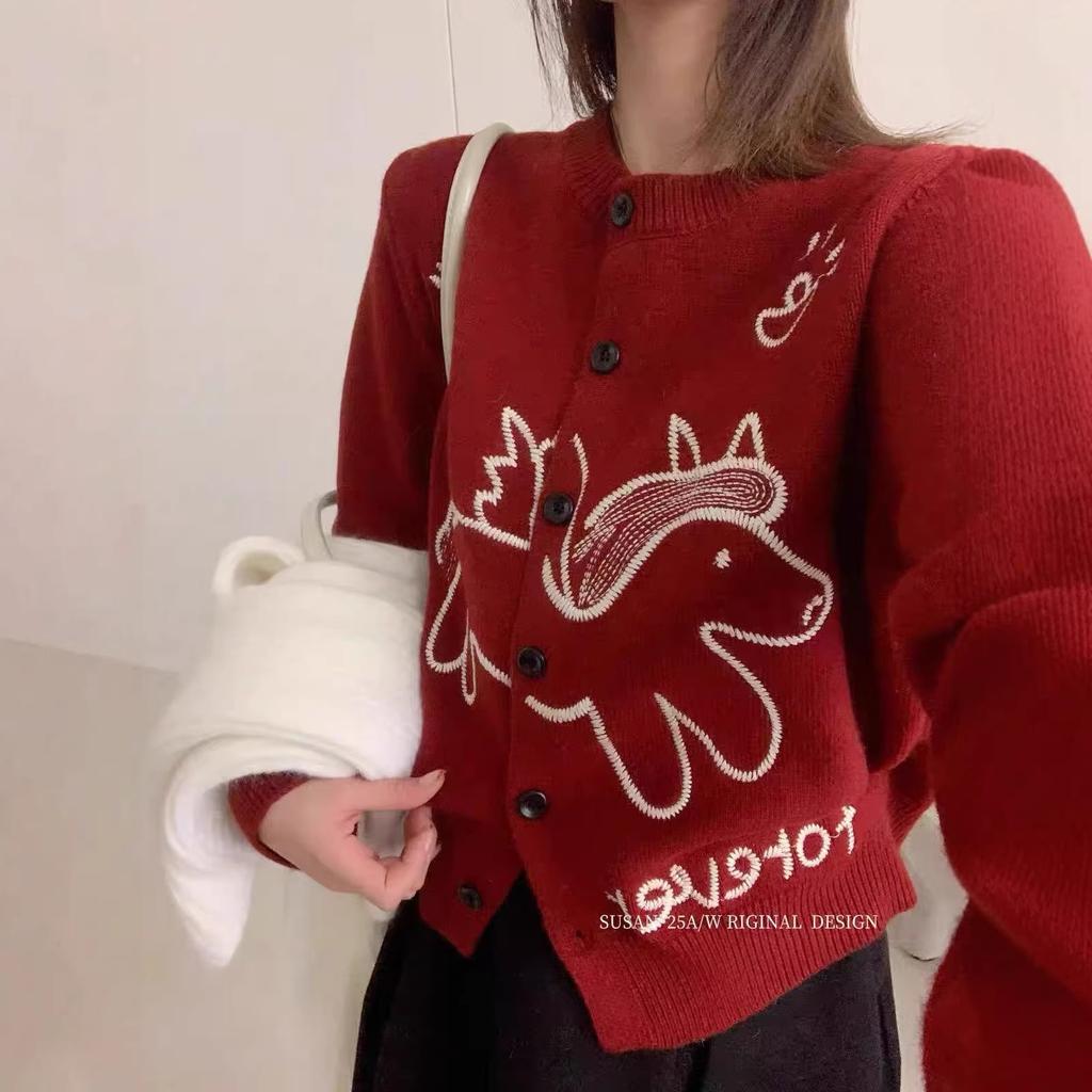 Large size women's clothing autumn and winter new round neck long-sleeved pony embroidered pattern loose and versatile knitted cardigan top