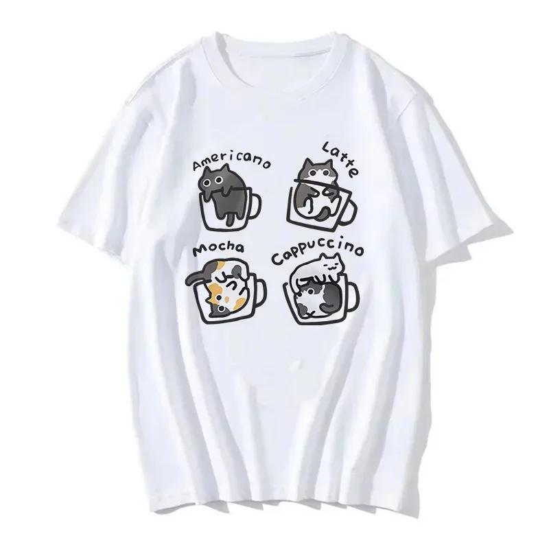 90s Women T Shirt Korean Version Cartoon Cat Group Printed T-Shirt Casual Short Sleeve Couples T-Shirt Funny Cat Streetwear