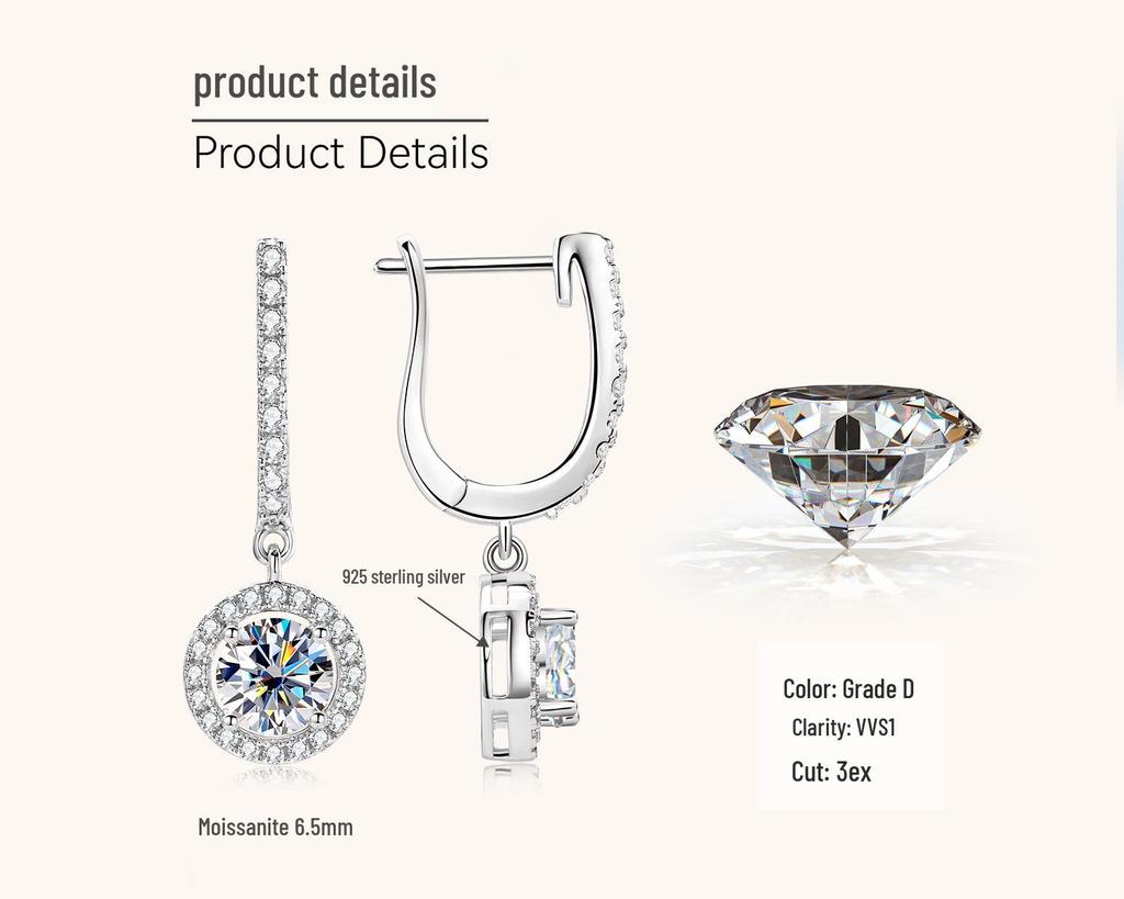 Moissanite Dangle Earrings - Influencer Style, Niche Design, Light Luxury, High-End Silver