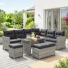5-Piece Rattan Patio Furniture Set with Corner Sofa, Footstools, Glass Coffee Table, Cushions, Mixed Grey