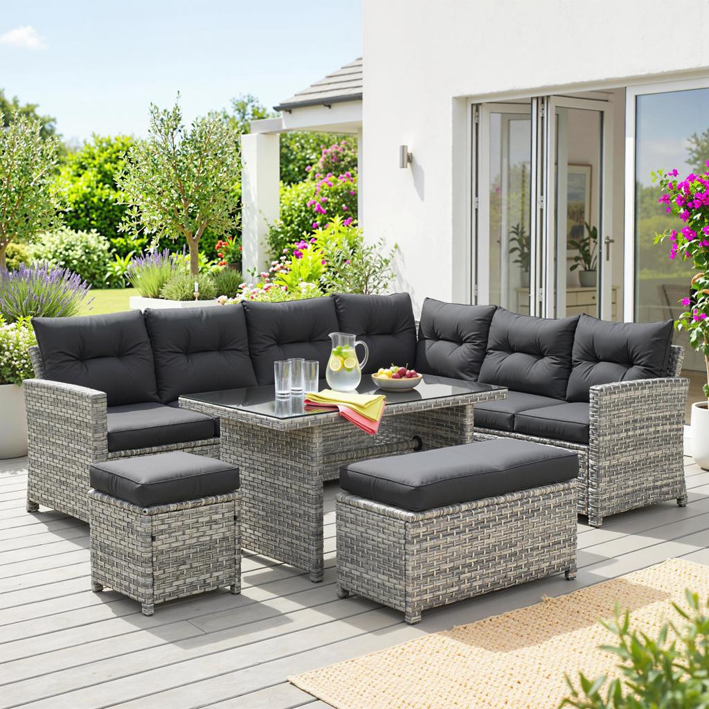 5-Piece Rattan Patio Furniture Set with Corner Sofa, Footstools, Glass Coffee Table, Cushions, Mixed Grey