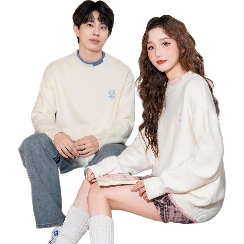 TonLion 2024 Couple's Crew Neck Faux Two-Piece Sweater