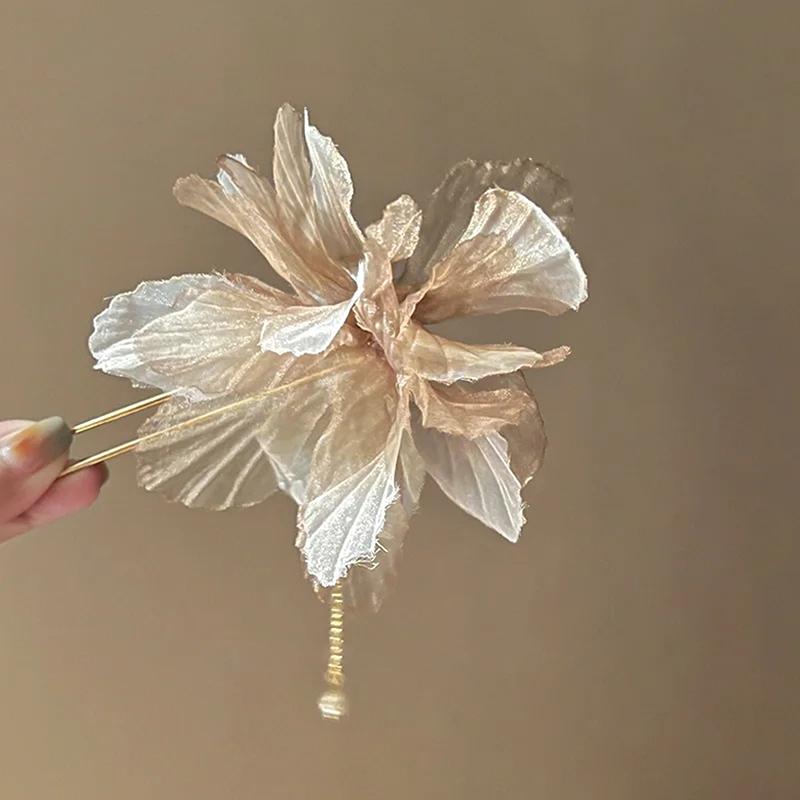 Korean Antique Chiffon Flower Pearl Tassel Hair Stick U-Shaped Hair Clip Temperament Chinese Style Hairpin For Women Headwear