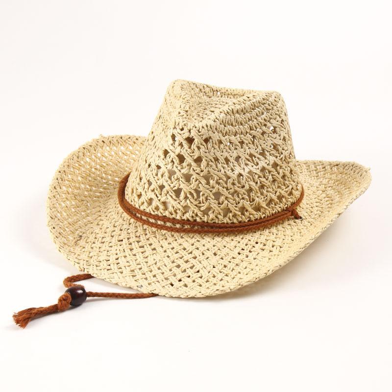 Hand Woven Panama Straw Cowboy Hat Bohemian Beach Sun Hat UV Protection Windproof Cowboy Straw Hat