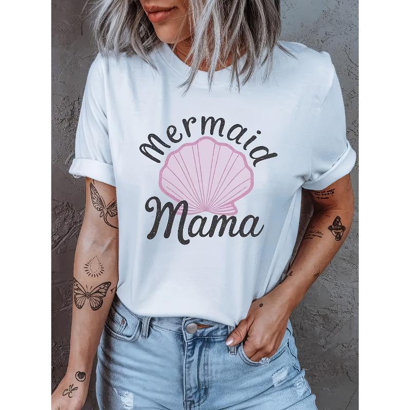 Women White Mermaid Mama Pink Shell Print Summer Casual Tee S белый