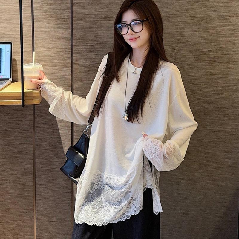 Korean Style Lace Crochet Patchwork Long Sleeve T-Shirt for Women - 2025 Spring/Autumn Casual Sweet Base Layer Top