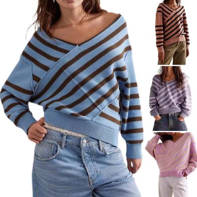 Long Sleeve Sweater Women Striped Color Block Knitted Sweater V Neck Oversized Pullover Jumper Tops Daily Wear