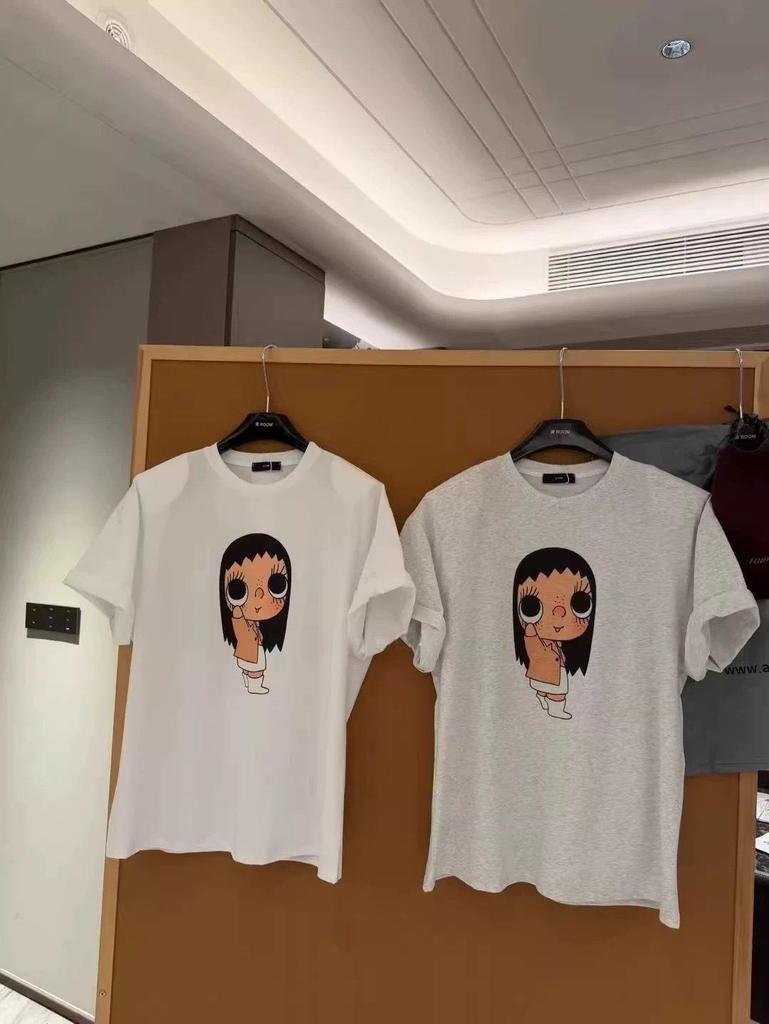 Plus Size Korean Cartoon Girl Cotton T-shirt - Short Sleeve, Summer, Loose Fit