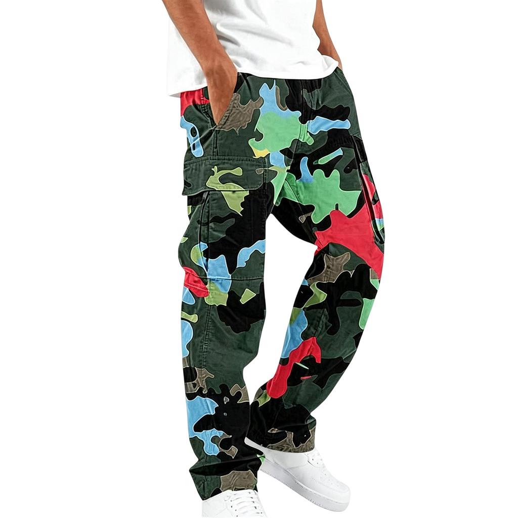 Men Drawstring Elastic Waist Cargo Pants Four Pockets Digital Print Loose Fit Long Trousers for Daily Outdoor Wear