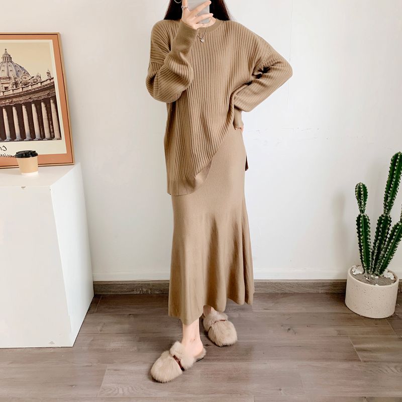 

Sunshine House Autumn and Winter K-style Plus Size Women s Clothing Loose Knitwear Tops + Skirt Midi Skirt Casual Sweater Khaki 2#: