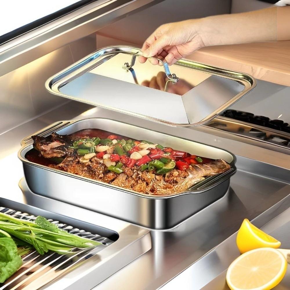 with Lid Grilled Fish Platter Non Stick Outdoor BBQ Grill Pan Durable Food Serving Pan Oven Safe
