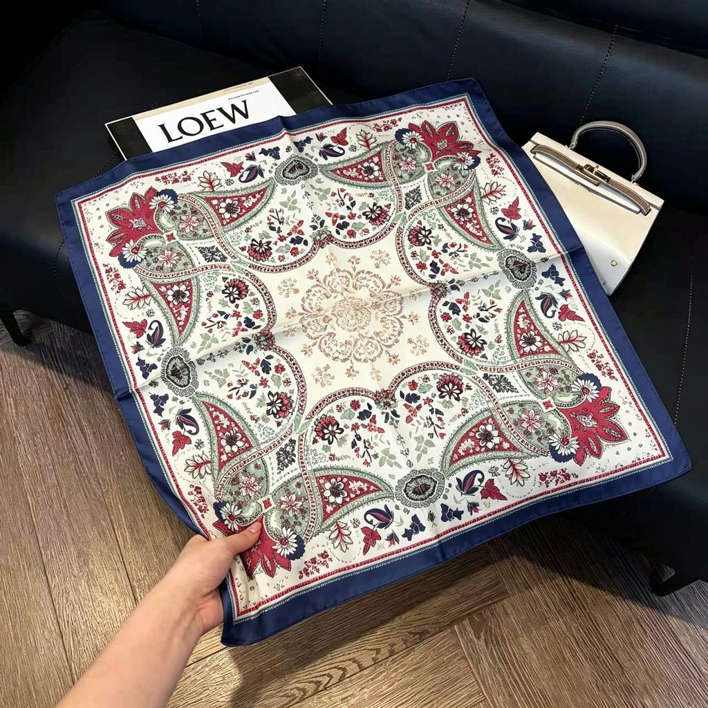 Sen green flower print fresh imitation silk scarf premium versatile square scarf neck protection scarf trendy headscarf scarf women