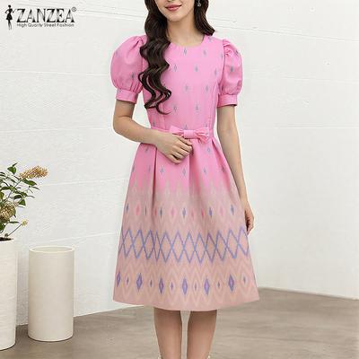 Women Summer Puff Short Sleeve Casual Print Dress