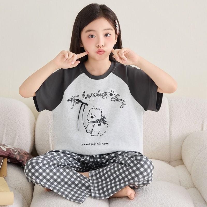 Girls Cotton Pajama Set Short Sleeve Long Pants Cartoon Print Sleepwear Kids Ages 4-12