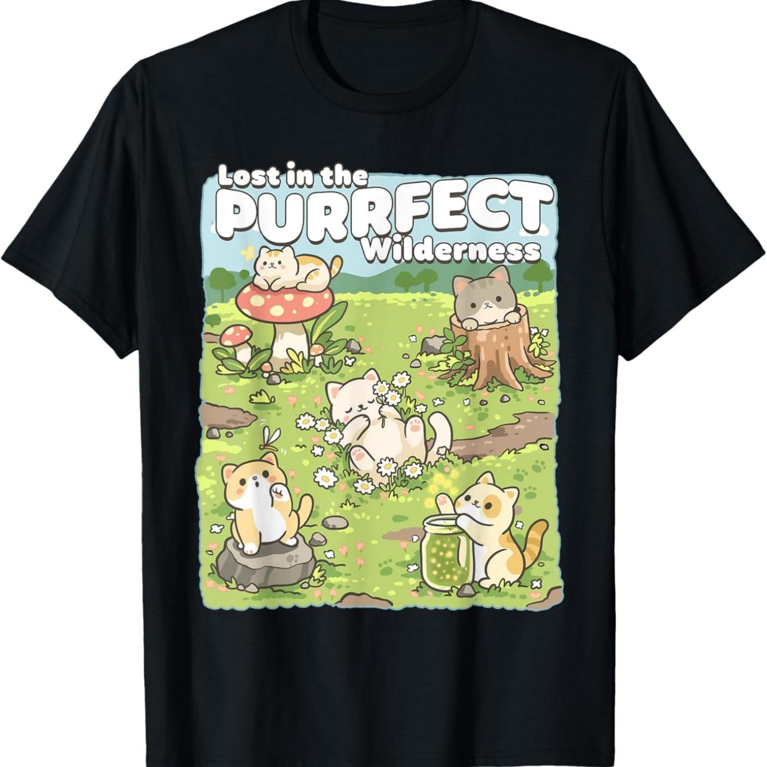 Lost in the Purrfect Wilderness Cat Adventure Art T-Shirt S чёрный