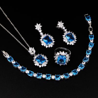 Zircon Jewelry Set 925 Sterling Silver Needle Necklace Earrings Ring Bracelet Set, Zircon Jewelry