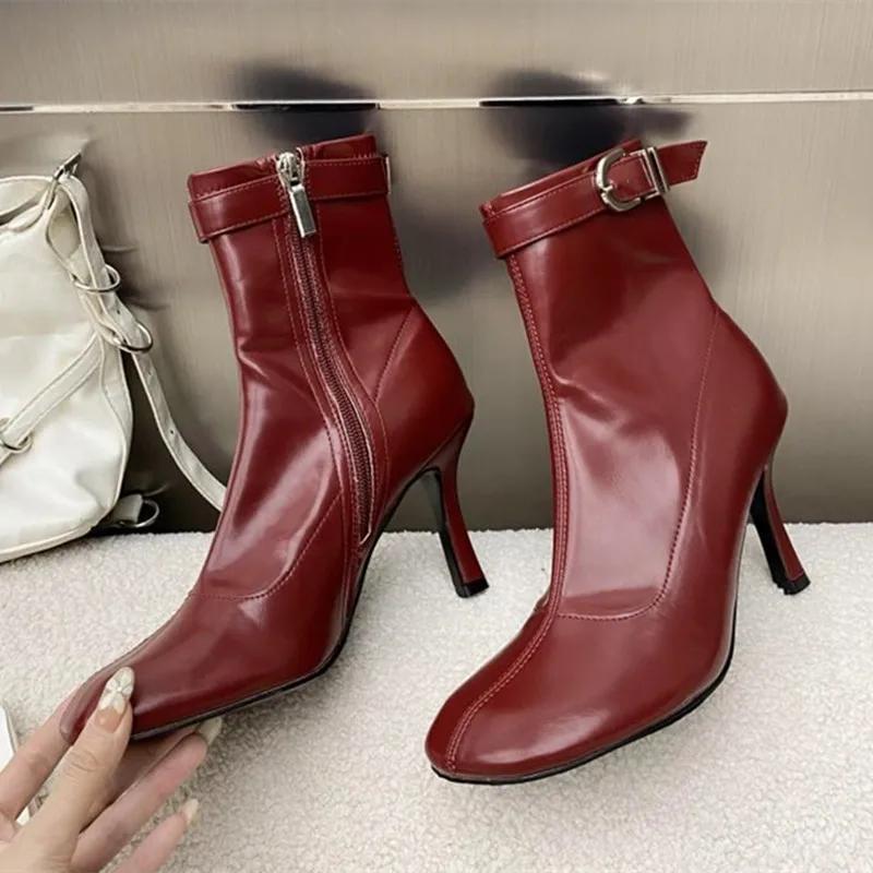 Luxury Soft Leather Side Zip Design Ankle Boots Womens Sexy Belt Buckle Round Toe Botines Thin Heels Modern Boots Botas Mujer