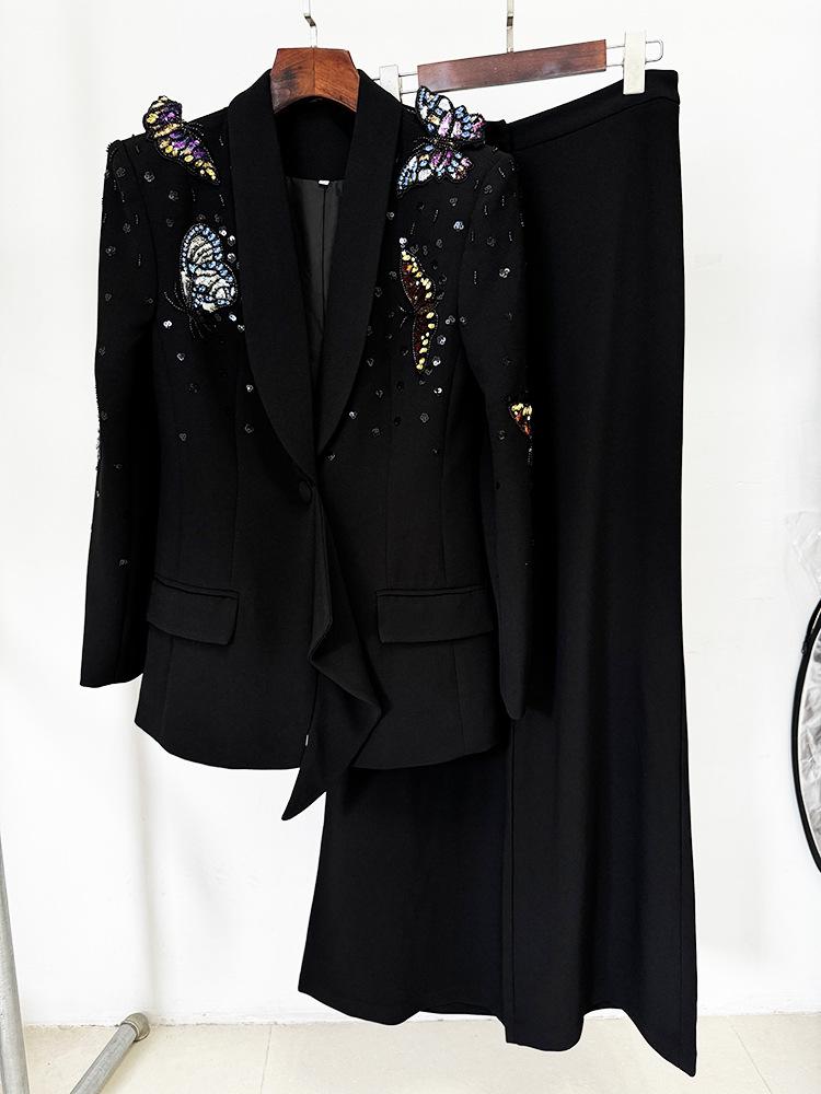 High Street Fashion 2026 Butterfly Bead Rhinestone Suit: Heavy Duty, Three-Dimensional Two-Piece Set with Long Pants.