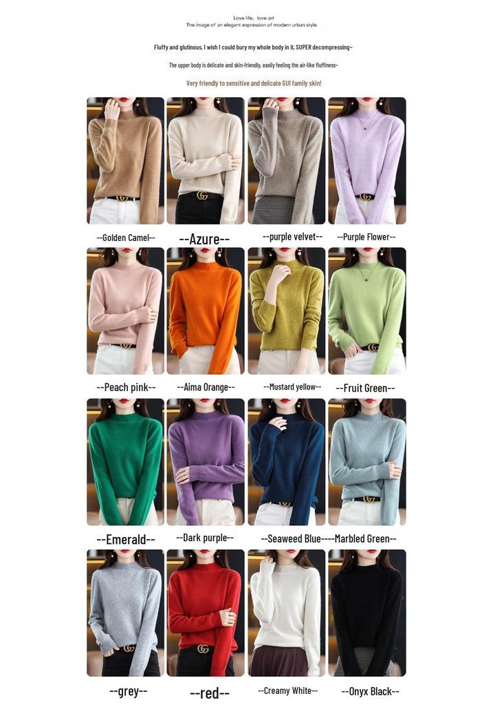 Women's Seamless Pure Wool Sweater: Half-High Neck Pullover, Loose, Warm, Slimming Knitwear.
