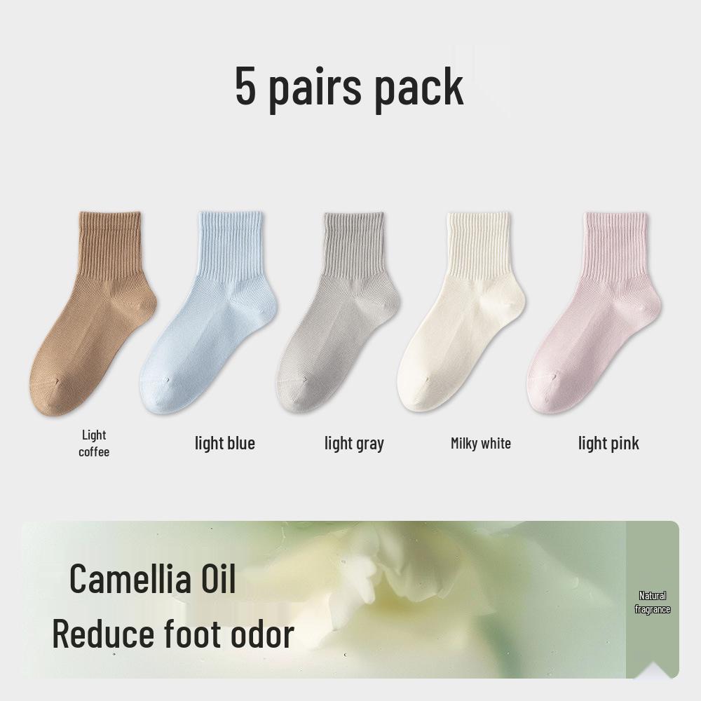 Women's Mid-Calf Camellia Essential Oil Antibacterial Cotton Socks - Solid Color, High Elasticity, for Spring & Autumn
