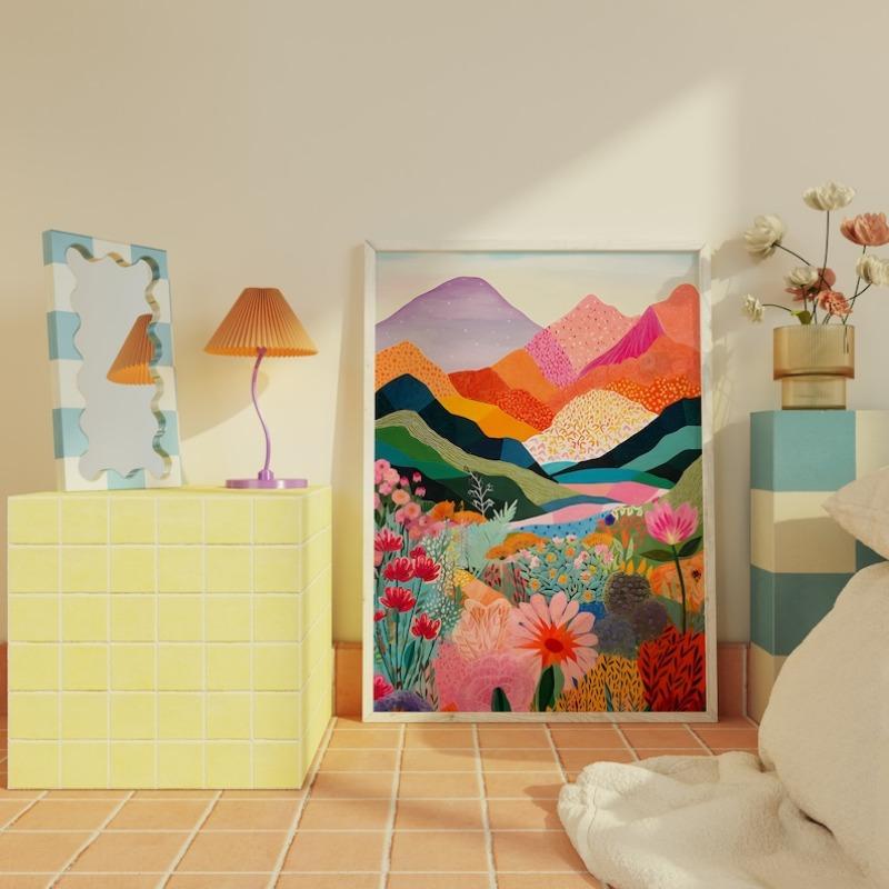 Abstract Colorful Floral Mountain Lake Nature Landscape Illustration Poster Wall Art Pictures Canvas Painting Home Dorm Decor