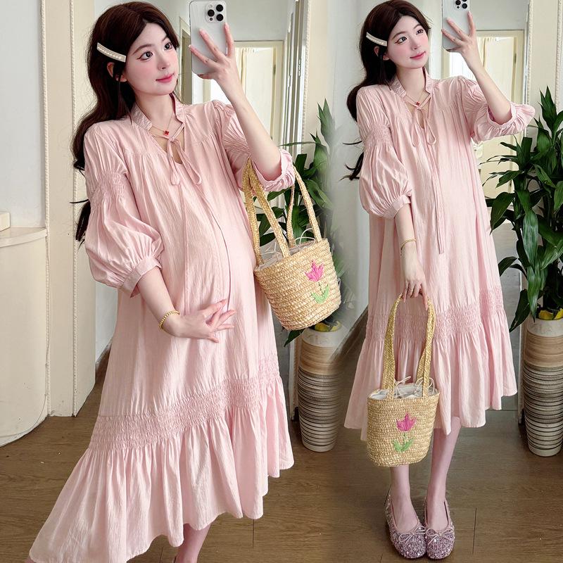 2026 Spring/Summer Solid V-Neck Lace-Up Loose Maternity Dress M