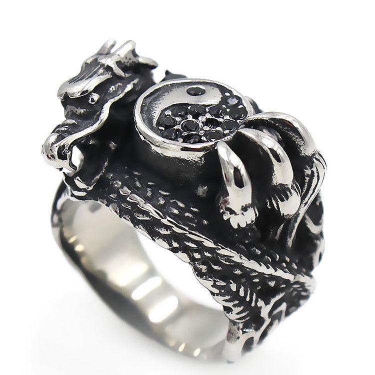 

European Retro Men s Titanium Steel Dragon Claw Ring with Black Zircon US Size 7