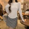 French shoulder long-sleeved top T-shirt for women in autumn and winter plus velvet small stand-up collar suit with fishbone waist bottoming shirt