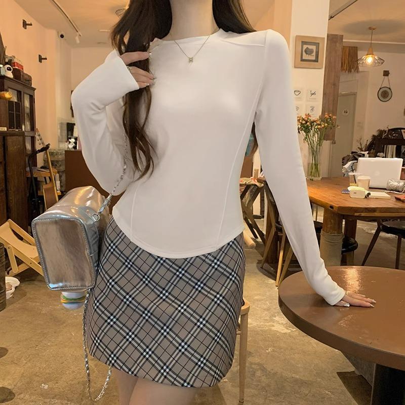 French shoulder long-sleeved top T-shirt for women in autumn and winter plus velvet small stand-up collar suit with fishbone waist bottoming shirt