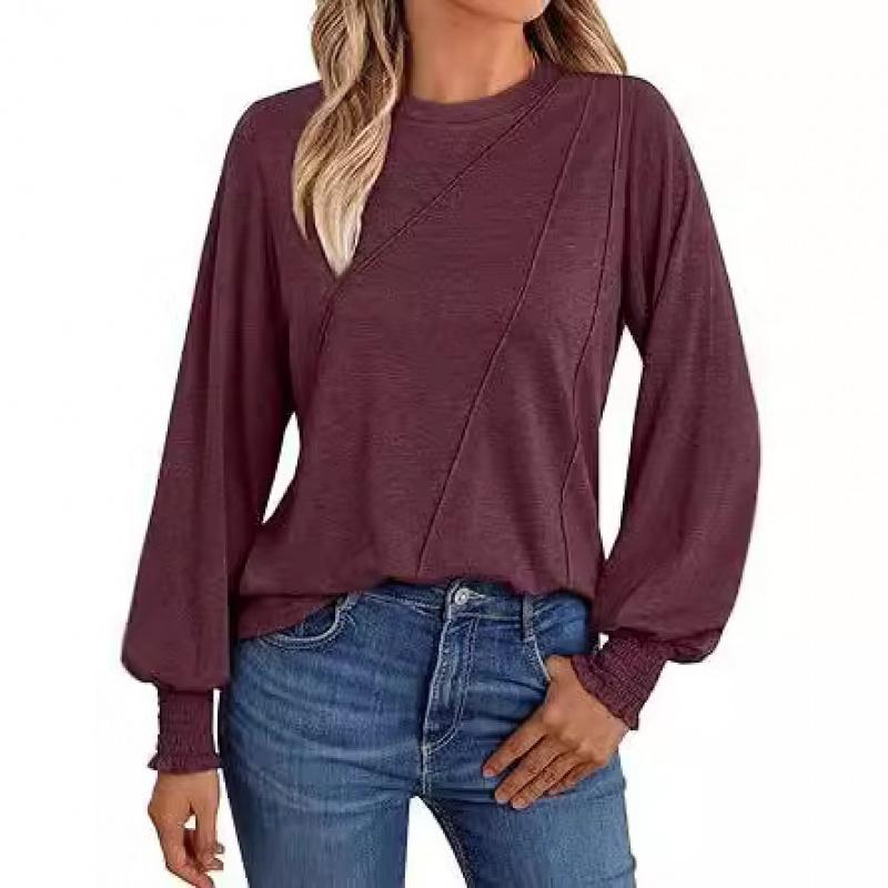 2026 popular women's long-sleeve shirt with pleated round neck, autumn top, fashionable women's clothing
