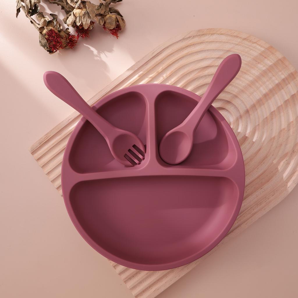 Color Kids 3PCS Silicone Baby Feeding Set Suction Plate Wooden Spoon Fork BPA Free Training Tableware Dish Bowl Gift Set