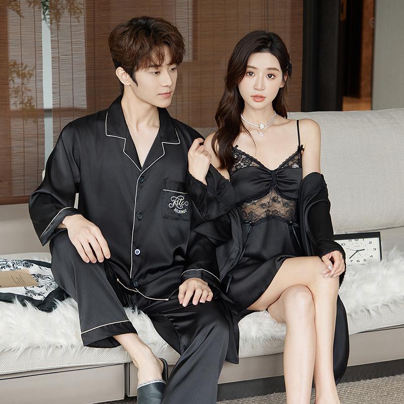 Spring and Autumn Pajamas Ice Silk Women's Long-sleeved Sexy Lace Suspender Chest Pad Nightgown Summer Morning Robe Men's Loungewear Suit