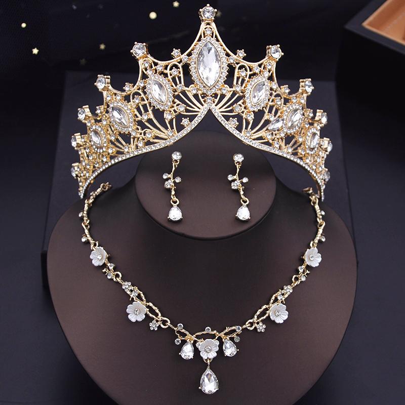 Baroque Tiaras Gold Color Red Crown Necklace Earring Sets Wedding Bridal Jewelry Set Prom Costume Accessories