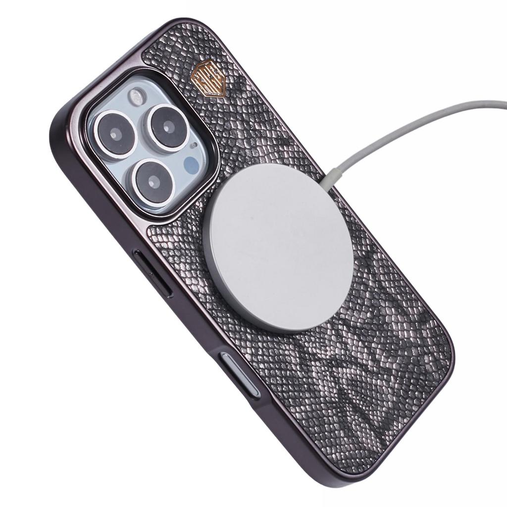 KIGC For iPhone 16 Pro Case Compatible with MagSafe Snake Texture Leather+PC+TPU Back Cover