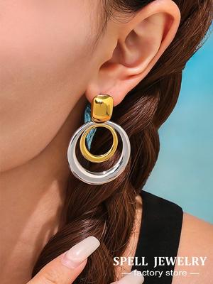 Two Tone Circle Pendant Earrings In Stainless Steel 18k Gold Plated Waterproof Non Tarnish Chunky Studs Dangle Earring For Women